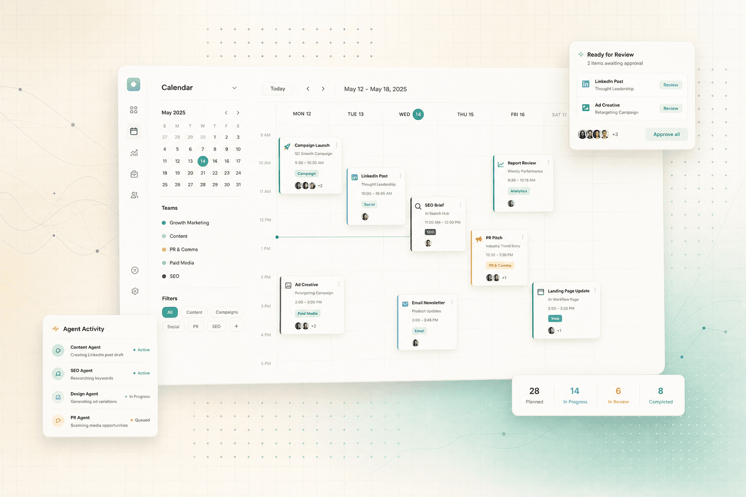 Marketing workflow calendar showing agent activity, approvals, campaign tasks, and progress reporting.